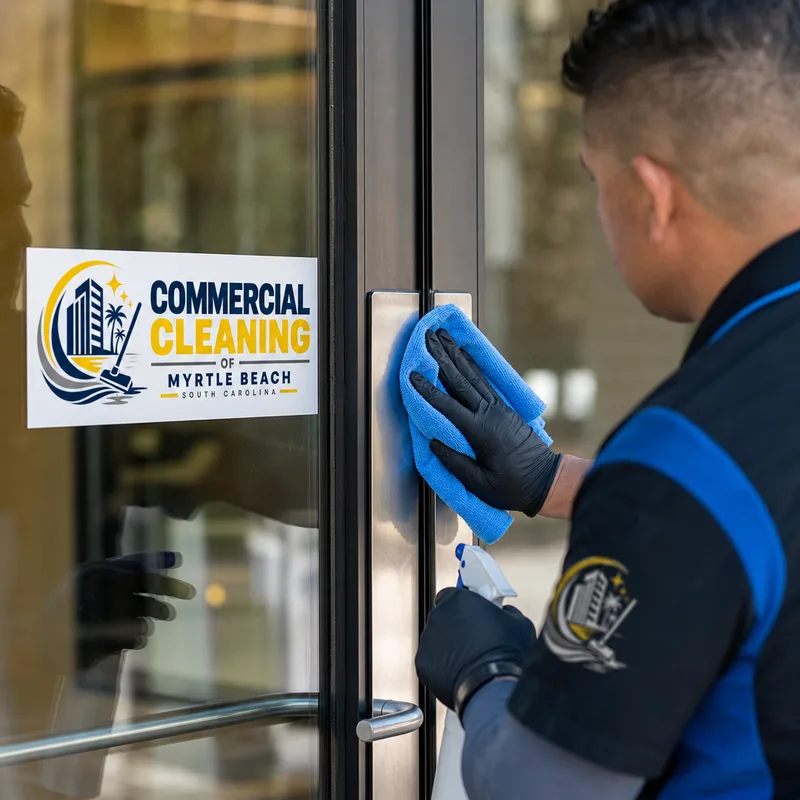 Technician polishing a glass entry door and high-touch push plates
