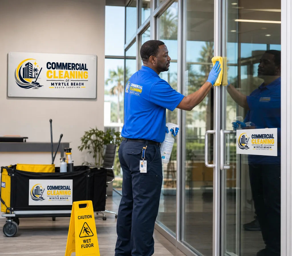 Commercial cleaner disinfecting a high-touch office entry area in a modern Myrtle Beach workplace