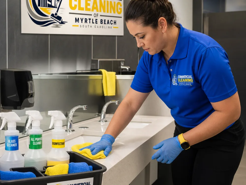 Cleaner detailing commercial restroom fixtures with color-coded cloths and labeled products