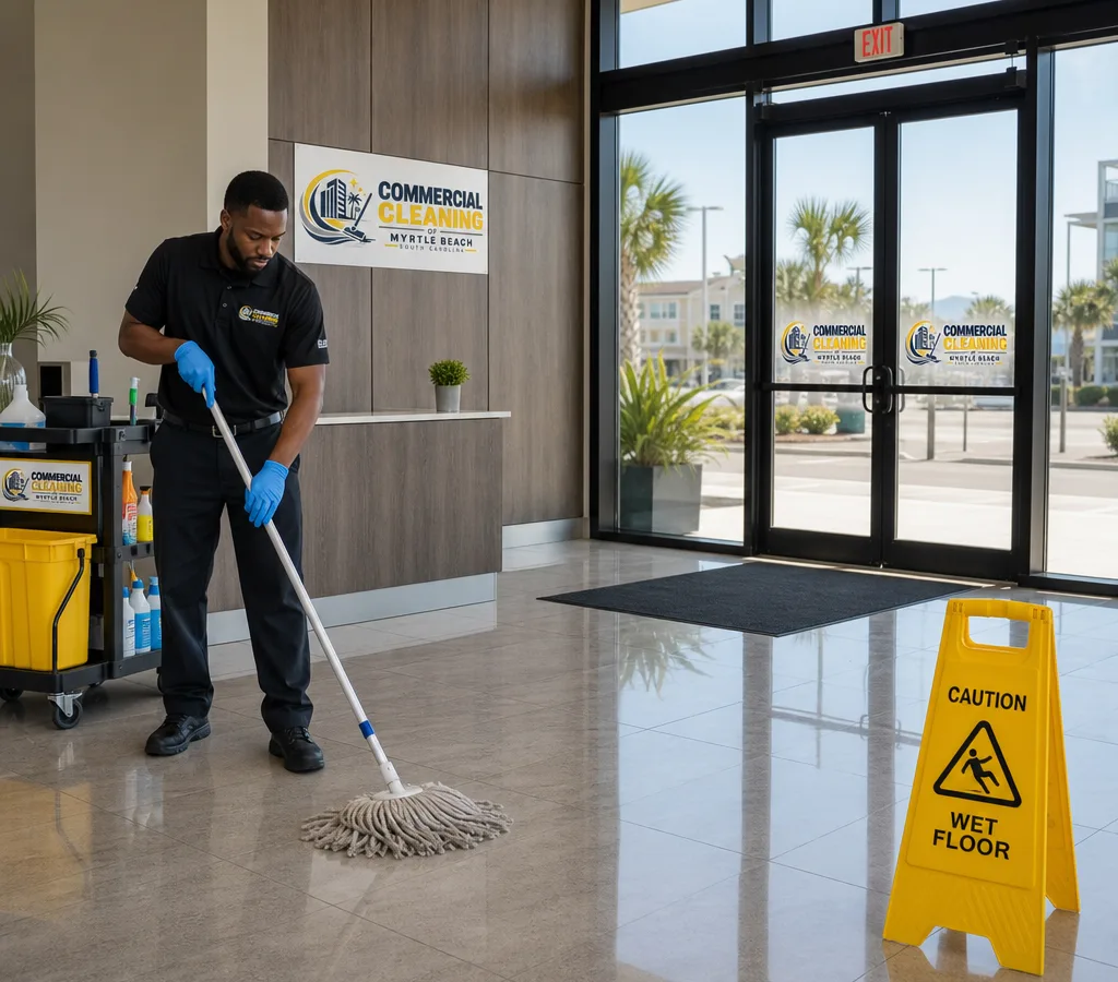 Commercial janitorial crew member disinfecting a high-touch lobby area in a Myrtle Beach commercial building