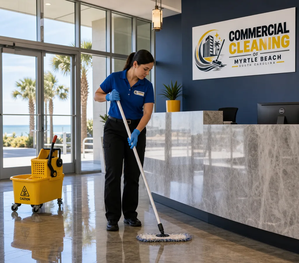 Commercial cleaning technician disinfecting an office lobby with glass entry doors, hard floors, and a reception counter