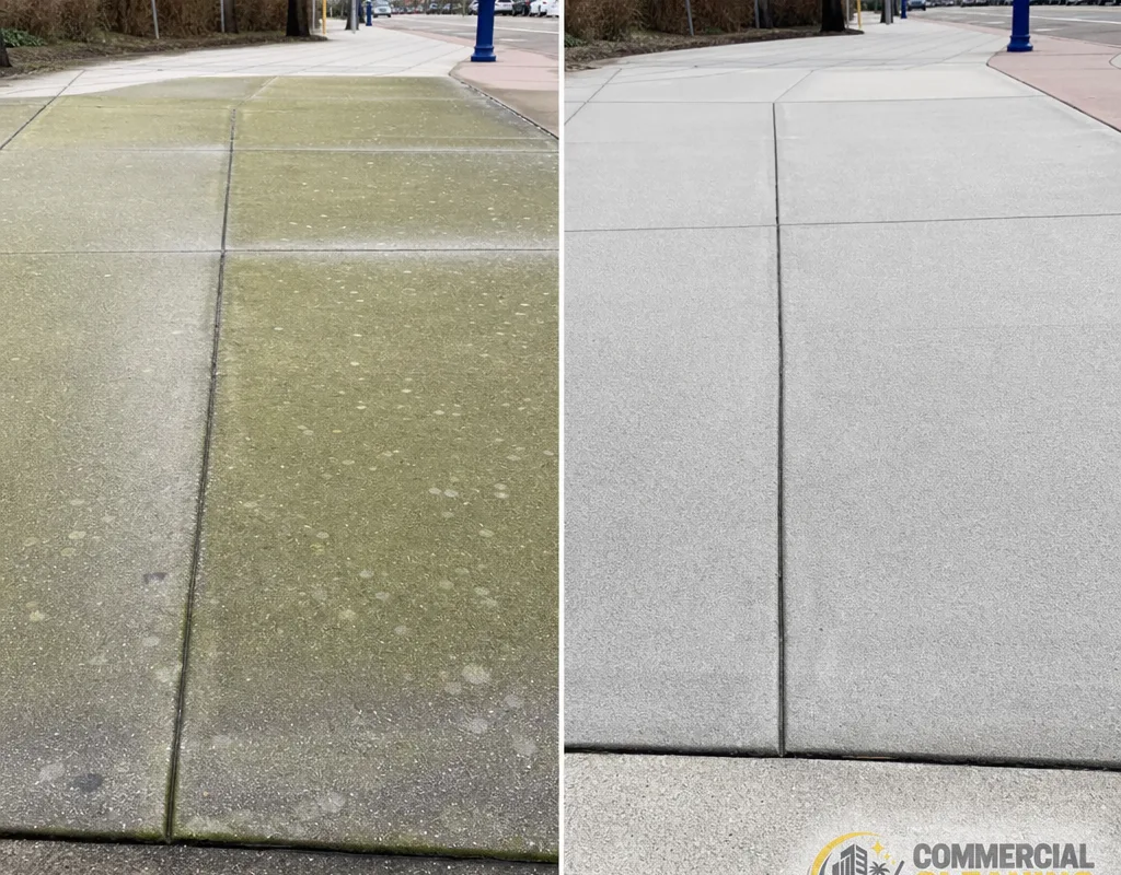 Before and after view of algae removed from a Myrtle Beach commercial sidewalk