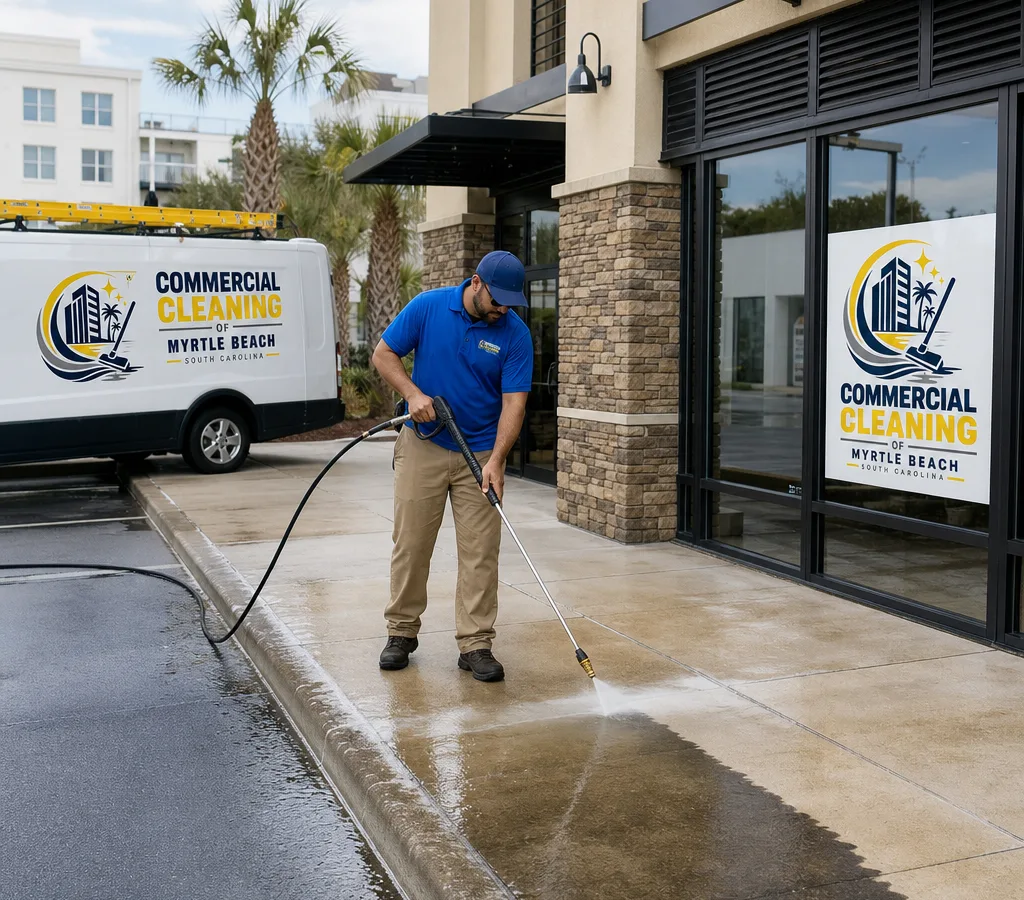 Technician pressure washing a commercial sidewalk and curb outside a Myrtle Beach storefront