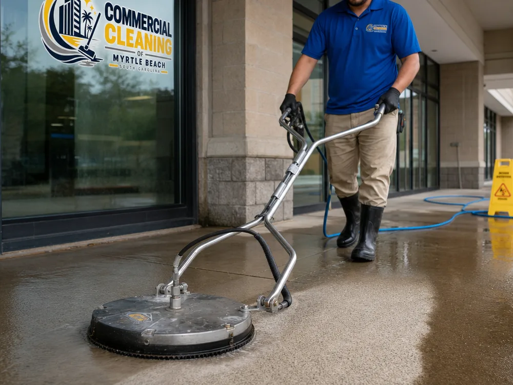 Rotary surface cleaner producing a uniform finish on a commercial concrete walkway