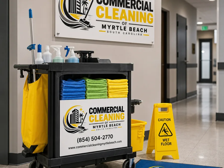 Organized janitorial cart staged safely in a commercial hallway