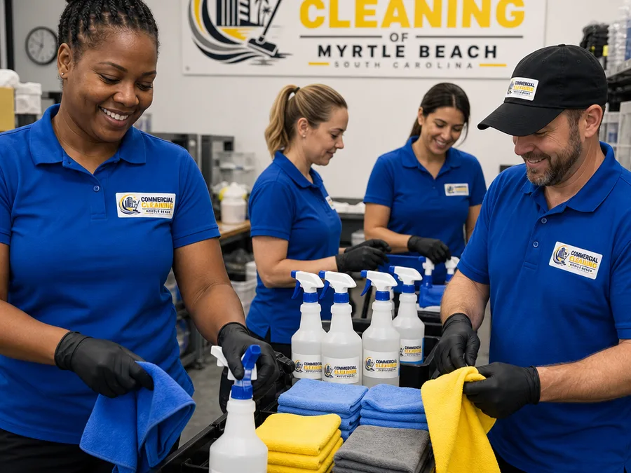 Commercial Cleaning of Myrtle Beach crew preparing organized supplies and a cleaning cart